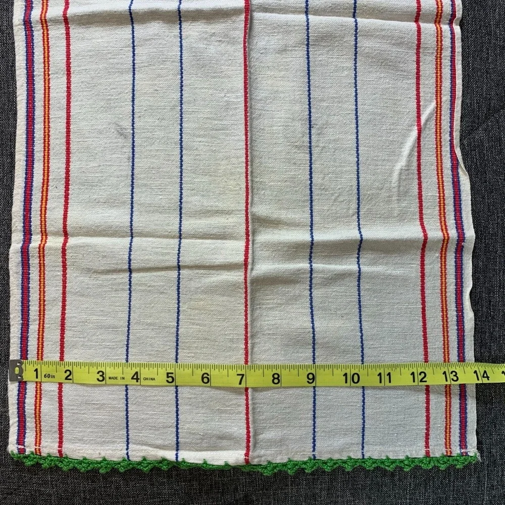 Vintage Kitchen Towels with Stripes Crochet Trim Set of 2 Green Beige Trim